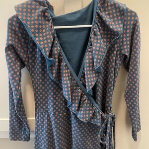 Matilda, Jane wraparound dress blue with geocentric orange pattern small NWT